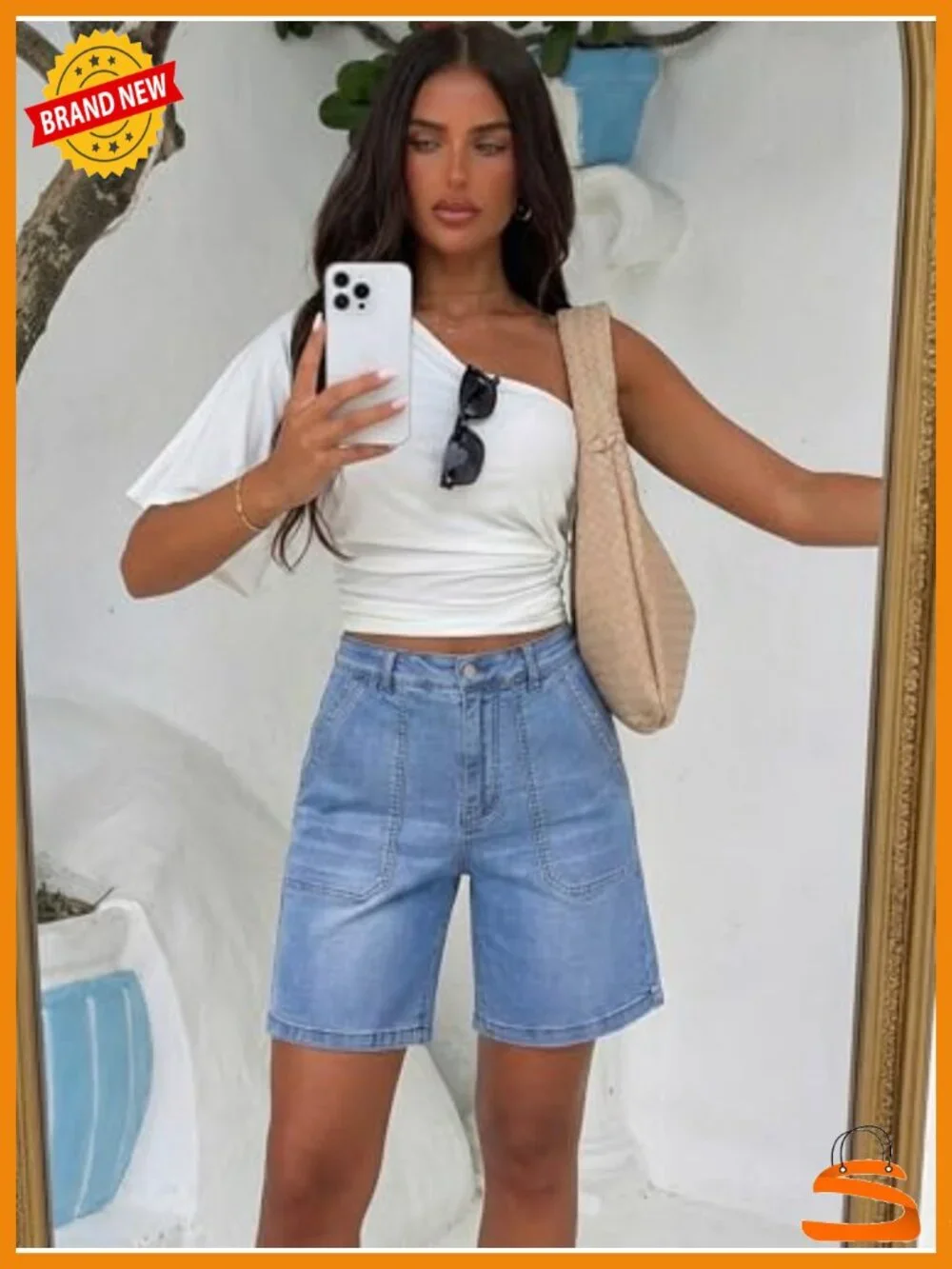 Stretchy Denim Bermuda Shorts with Elastic Waist and Pockets